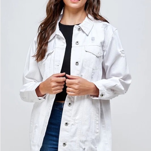 Giraffe Bling Oversized Distressed White Denim Midi Jacket - Picture 9 of 13